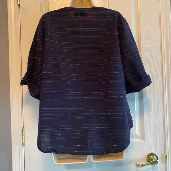 BUY 2 ITEMS & GET 1 FREE - Chico’s Navy Striped Short Sleeve Blouse Sz 12/L - Picture 4 of 7